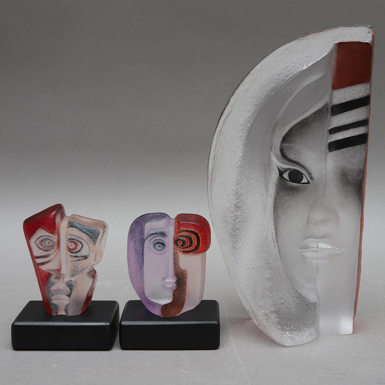 SCULPTURES, 3 pcs, faces, Mats Jonasson, Målerås, signed.