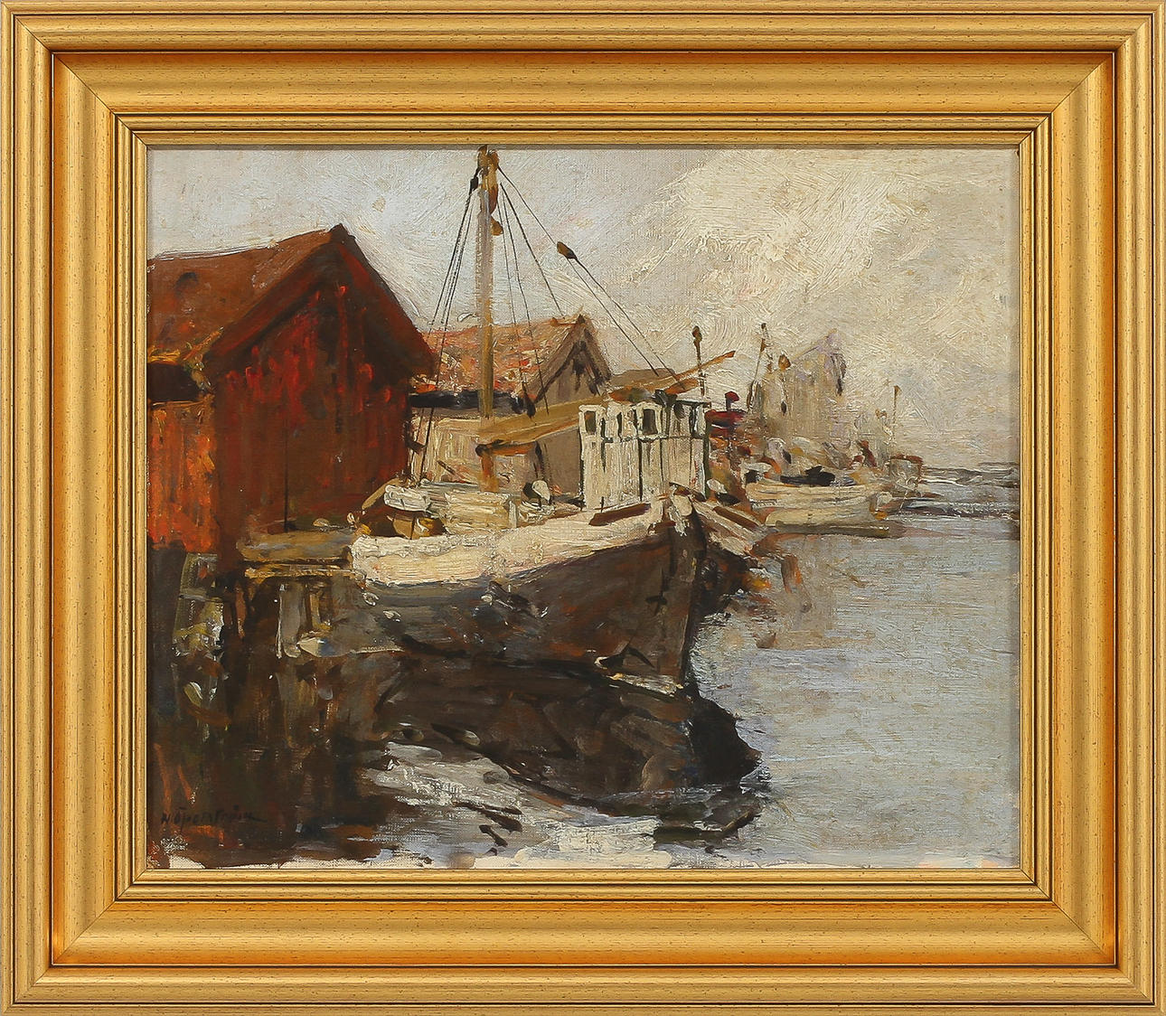 HUGO ÖFVERSTRÖM. Sjöbodar och fiskebåtar, olja på duk, sign.