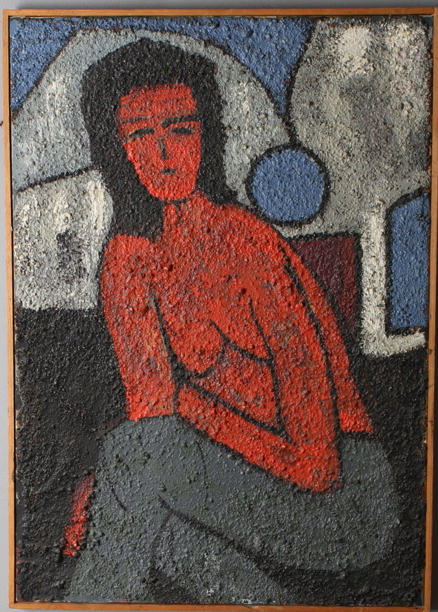 THAGE LUNDSTRÖM-BJÖRN. "Qvinna i rött", blandteknik, a tergo signerad samt daterad -67.