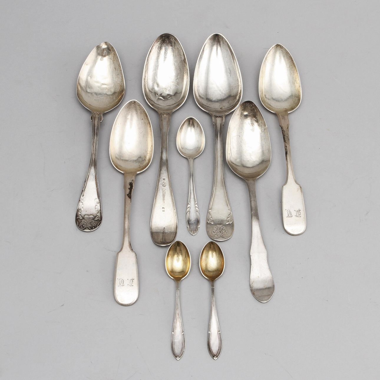 MATSKEDAR, 6 st samt KAFFESKEDAR, 3 st, silver, 1800/1900-tal. Ca 322 gram.