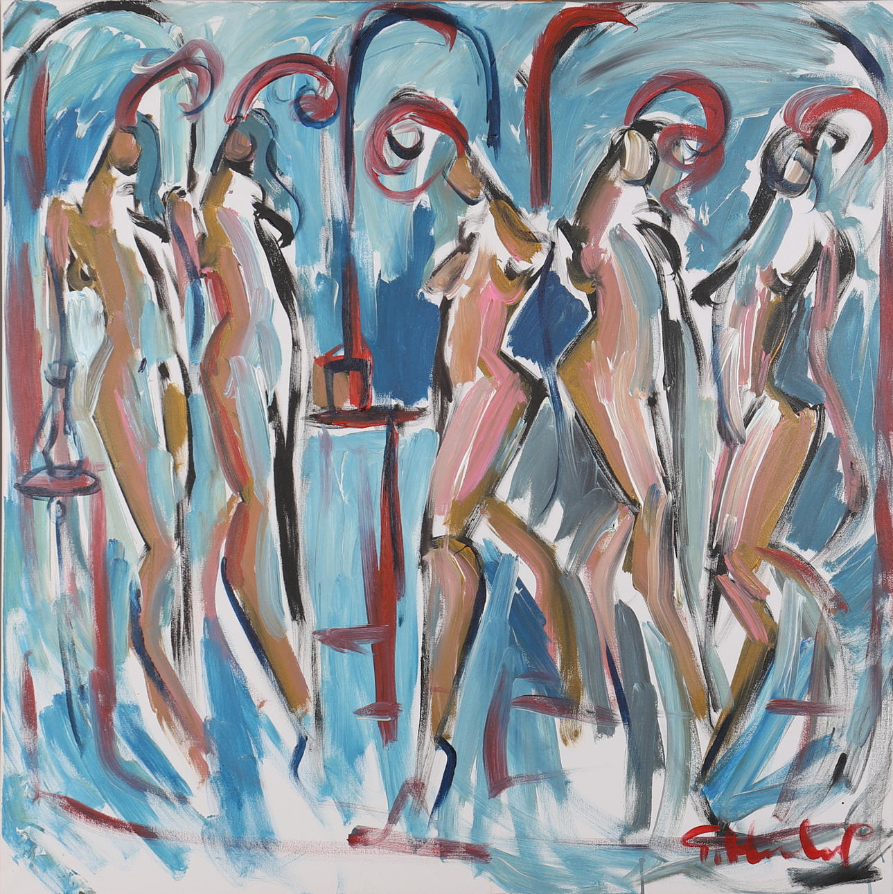 GÖRAN HAUSENKAMP. Kvinnor i bar. Akryl på duk. Signerad G Hausenkamp.