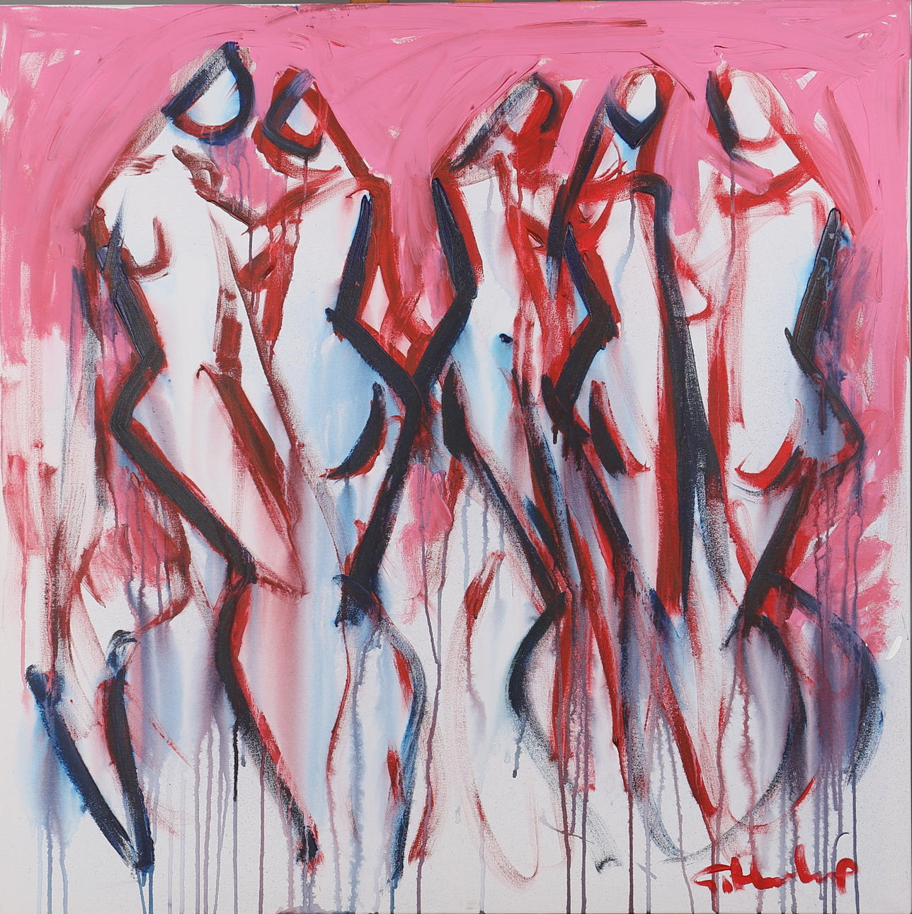 GÖRAN HAUSENKAMP. Kvinnor i rosa. Akryl på duk. Signerad G Hausenkamp.