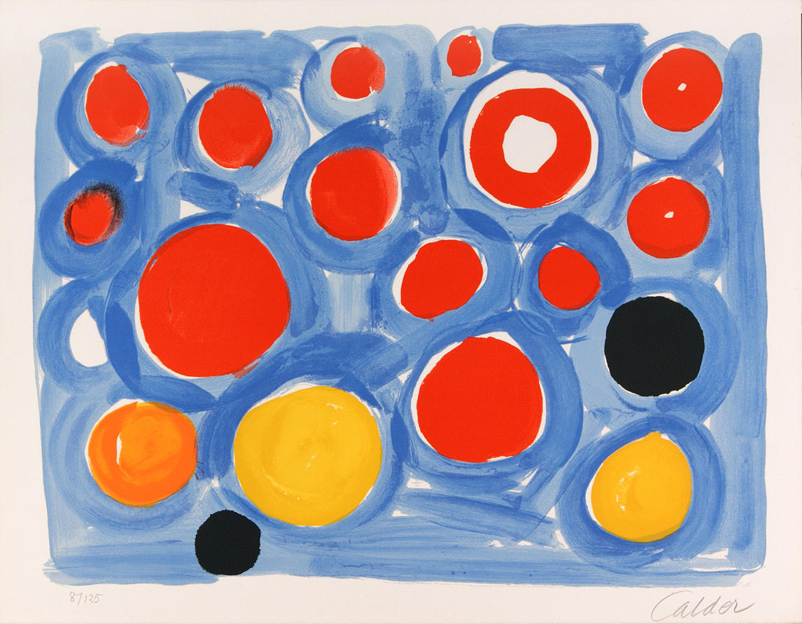 CALDER, ALEXANDER. ”Utan titel.” Färglitografi/bågar (vattenstämpel). 49 x 65,5 cm (Skildring), 55,5 x 71,7 cm (bladmått). R. u. tecken.: Lugnare. L .u. num.: 8/125. Inramad i helvy under glas.
