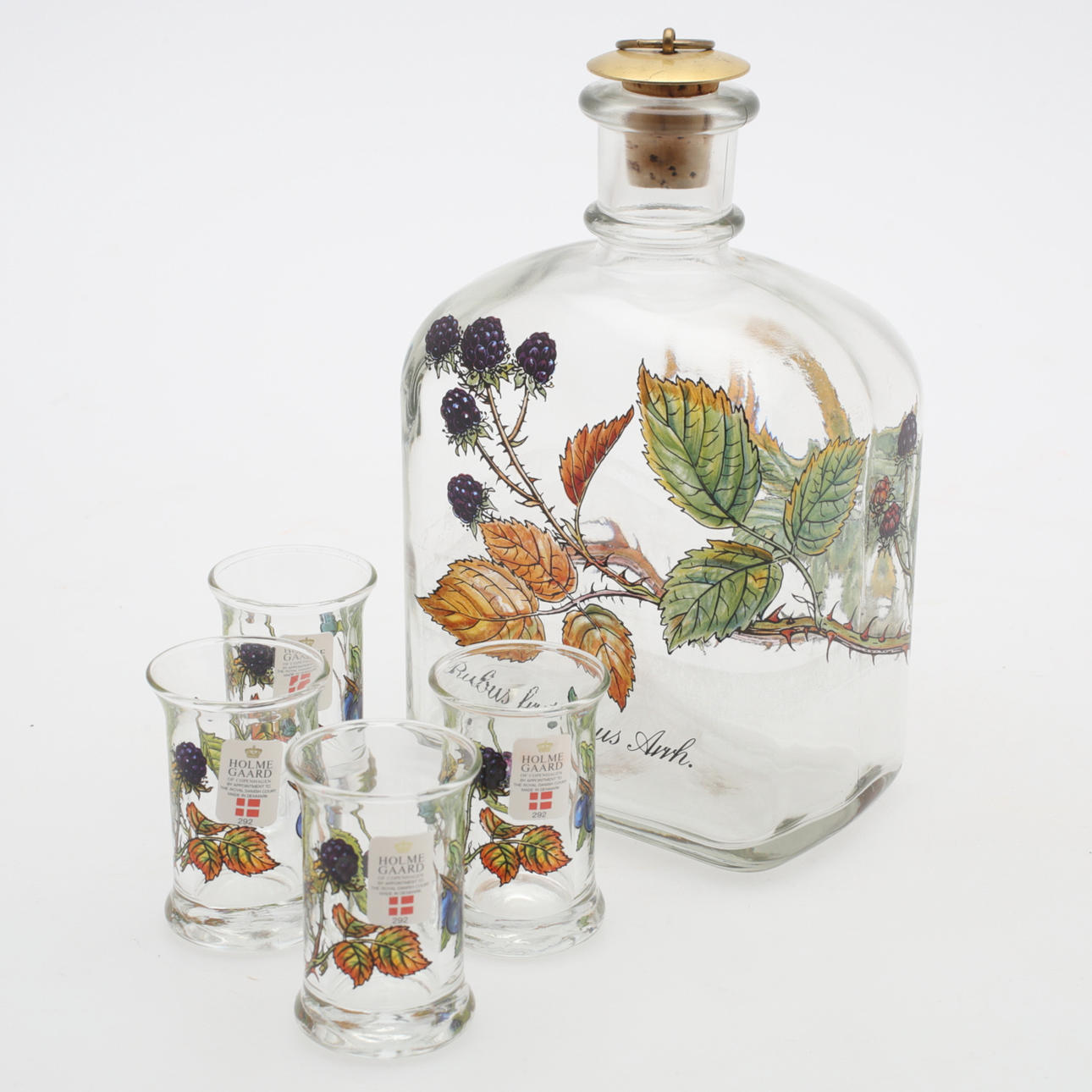 KARAFFE mit SCHNAPPGLAS, 5 Teile, Glas, Holmegaard, Dänemark.