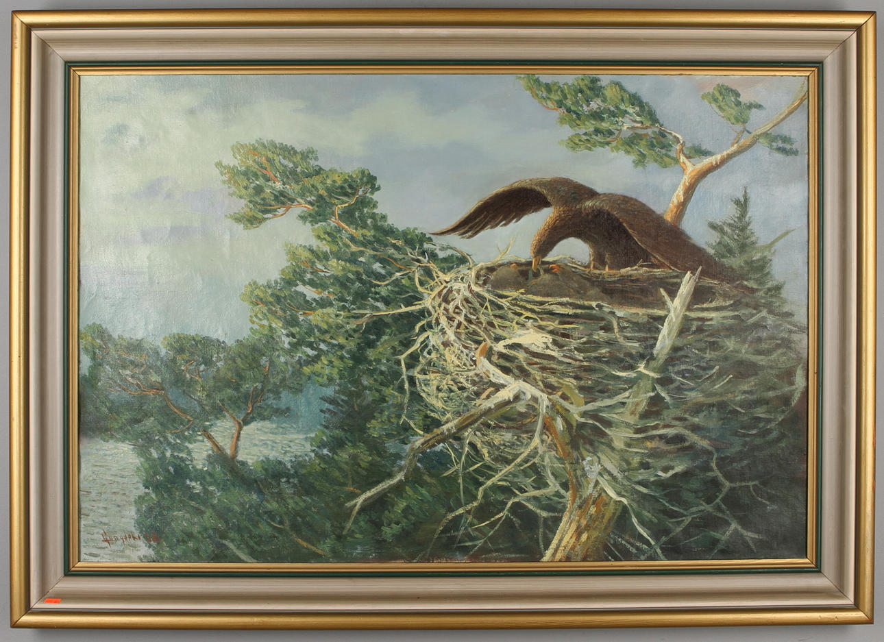 OKÄND KONSTNÄR. Örn matandes ungar, olja på duk, otydligt signerad.