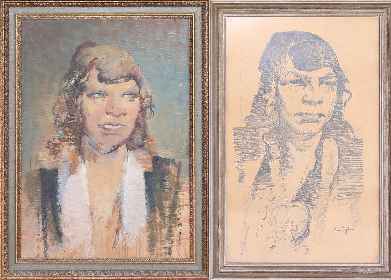 IVAN HOFLUND. Porträtt, 2 st, olja på pannå samt teckning.