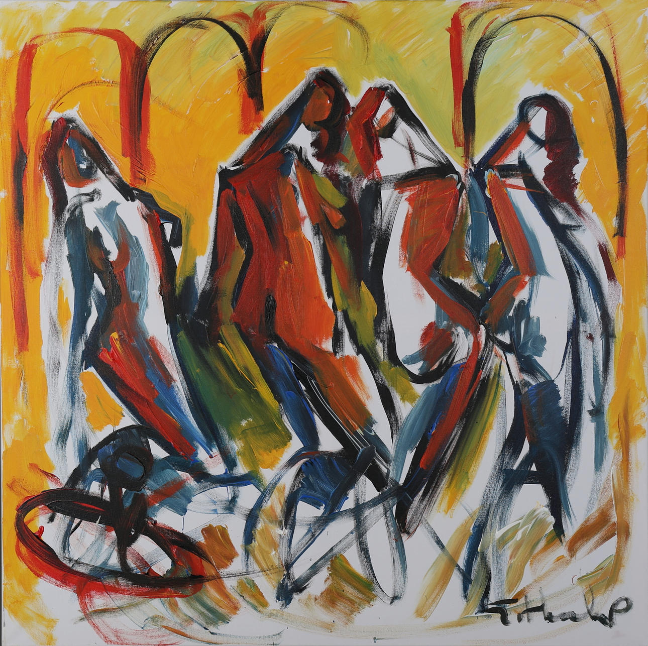 GÖRAN HAUSENKAMP. Kvinnor i bar. Akryl på duk. Signerad G Hausenkamp.