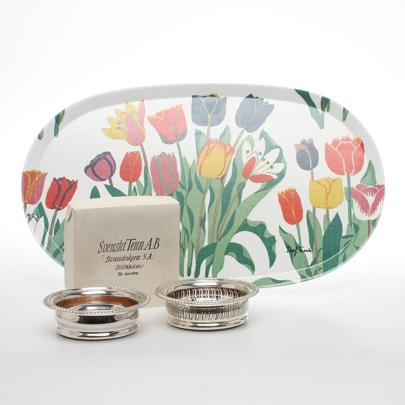 BRICKA, Josef Frank, COASTERS, nysilver, varav en inköpt på Svenkst tenn, 1900-talets sista kvartal.