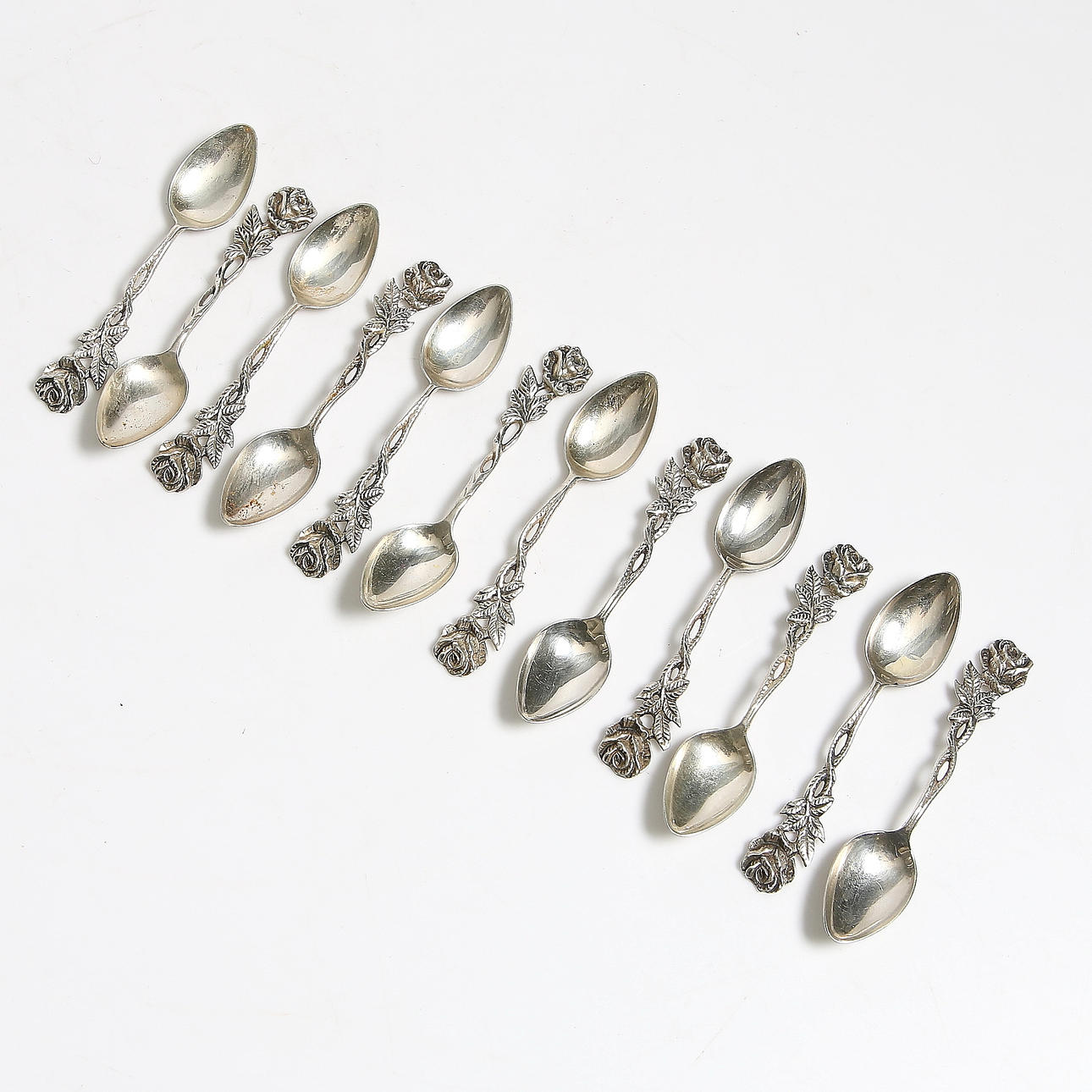 KAFFESKEDAR, 12 st, silver, "Rosen", Gewe. Vikt 132 gram.