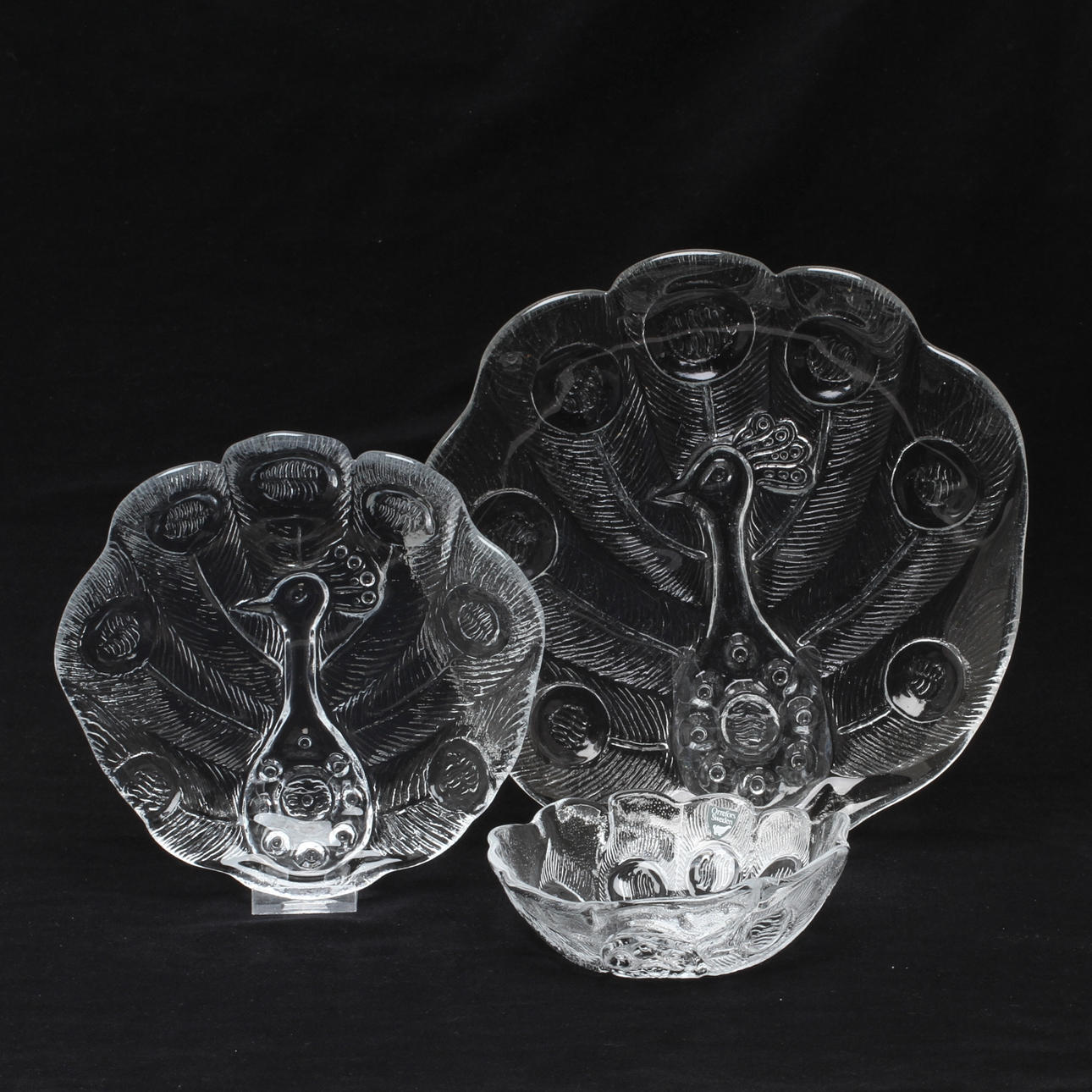 SERVISDELAR, 29 delar, glas, "Påfågel", Orrefors.