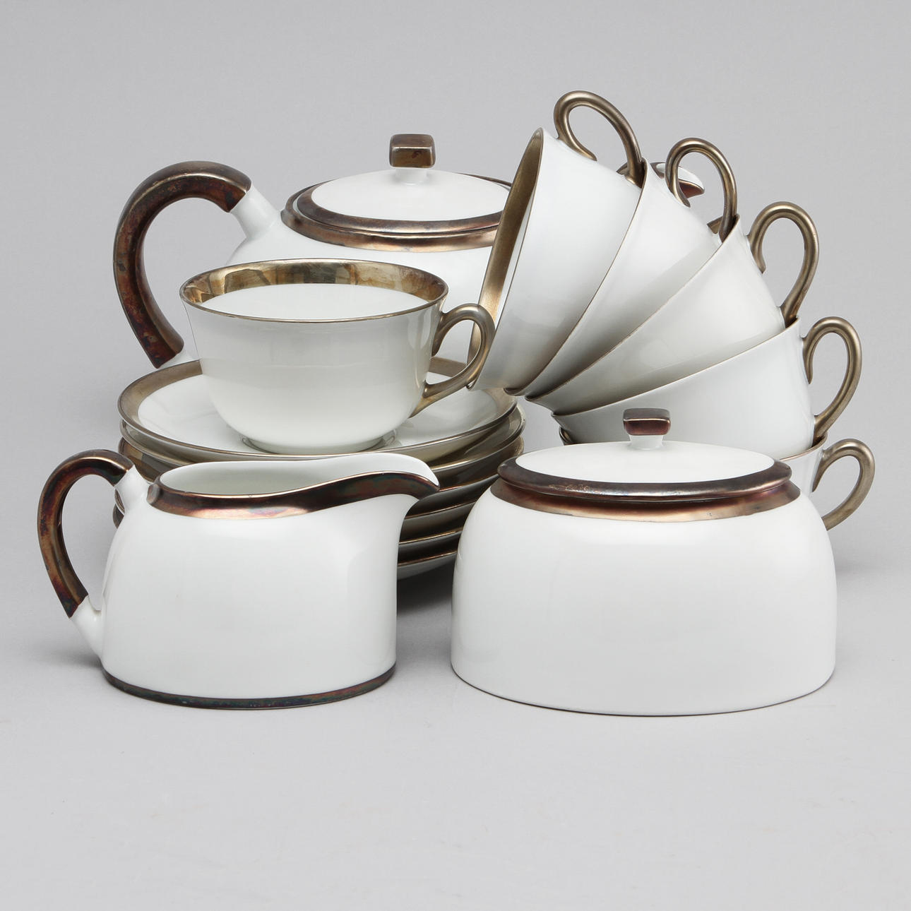 TESERVIS, 9 delar, porslin och silver, Edvard Hald, Karlskrona, 1920-tal.