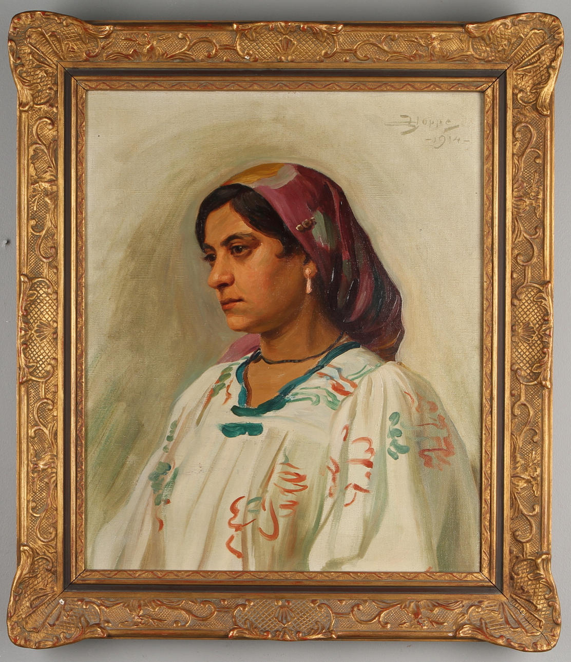 BRUNO HOPPE. Kvinnoporträtt, olja på duk. Signerad samt daterad 1914.