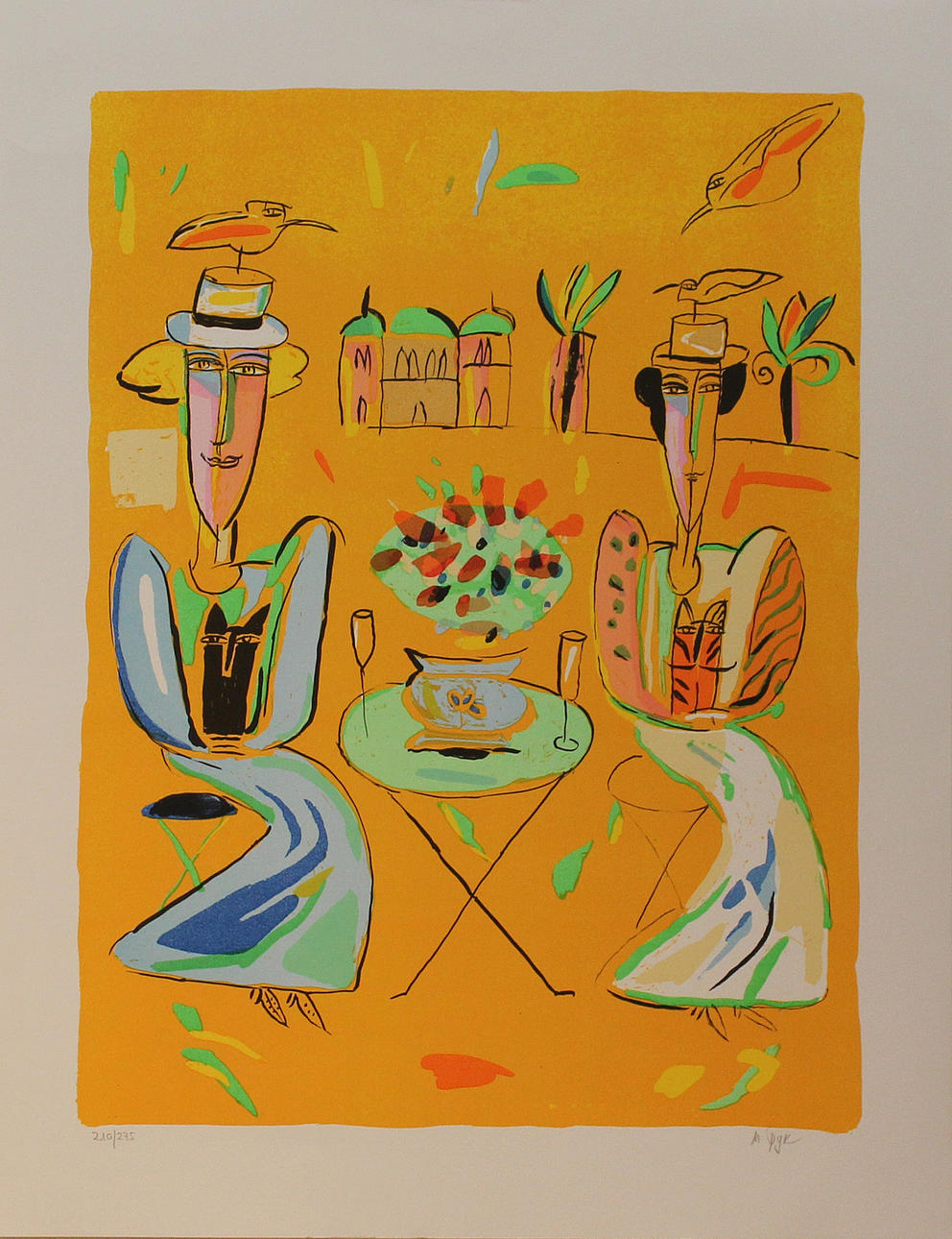 MADELAINE PYK. Paret vid cafébordet. Färglitografi. Signerad M Pyk. Nr 210/275.