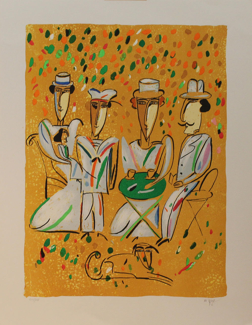 MADELAINE PYK. Familjen vid cafébordet. Färglitografi. Signerad M Pyk. Nr 154/275.