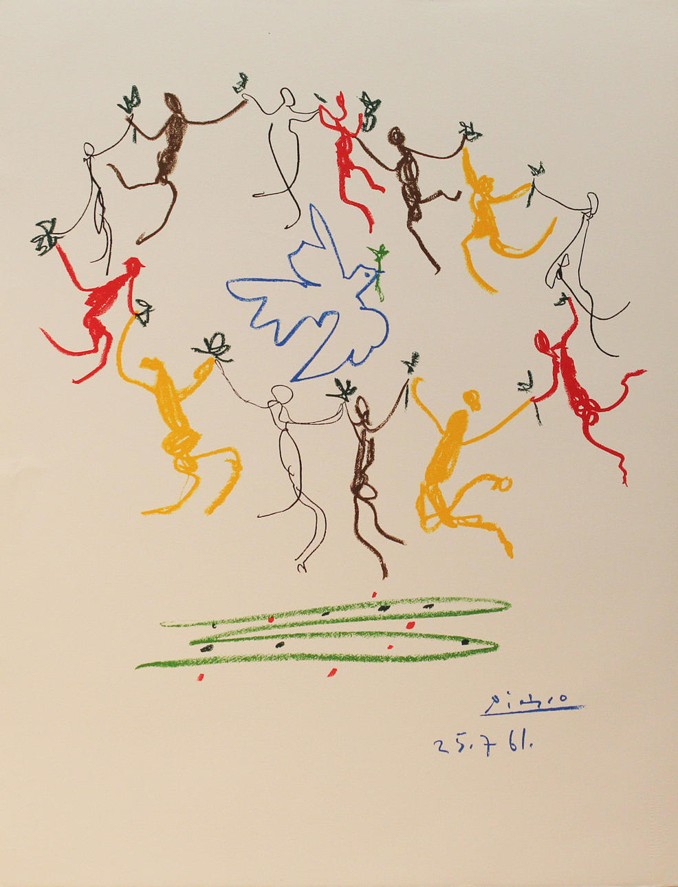 PABLO PICASSO. Dansen kring fredsduvan. Färglitografi. Signerad Picasso och daterad 25/7 61 i trycket.