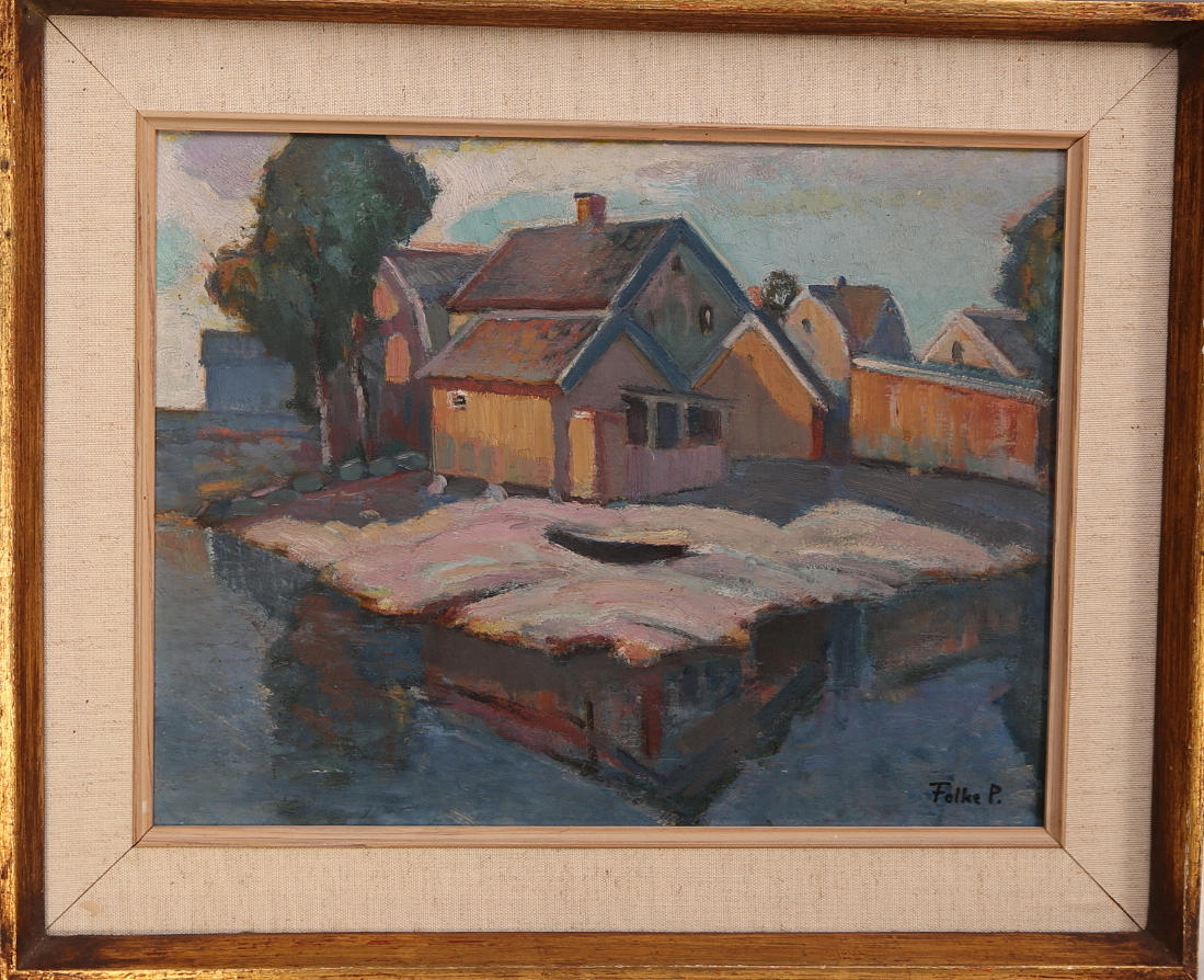 FOLKE PERSSON. olja på pannå, signerad Folke P., Hus vid vatten.