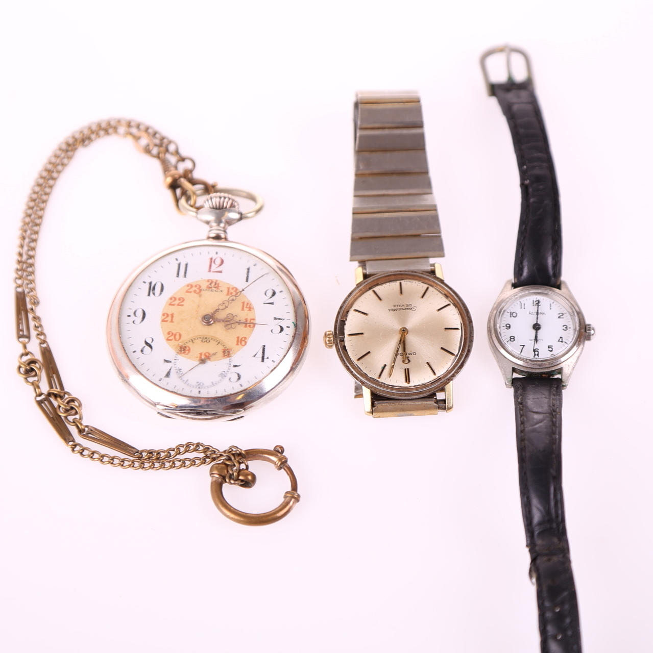 KLOCKOR, 3 st: fickur, Omega - "rödtolva" + 2 armbandsur.