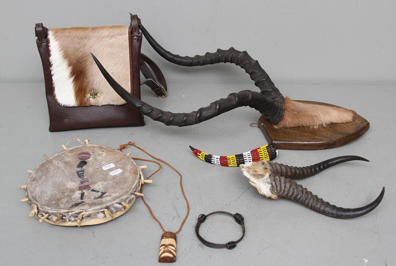 TROFEÈR, springbock, 2 st samt AFRIKANA, bland annat väska, omkring 1900-talets mitt.