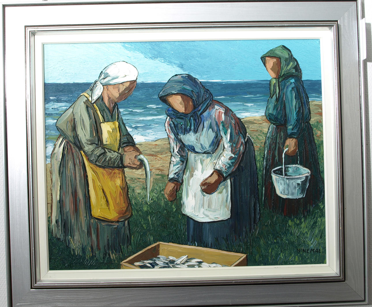 BORIS NINEMAE. Olja på duk, "Fiskar-gummor", signerad Ninemae.