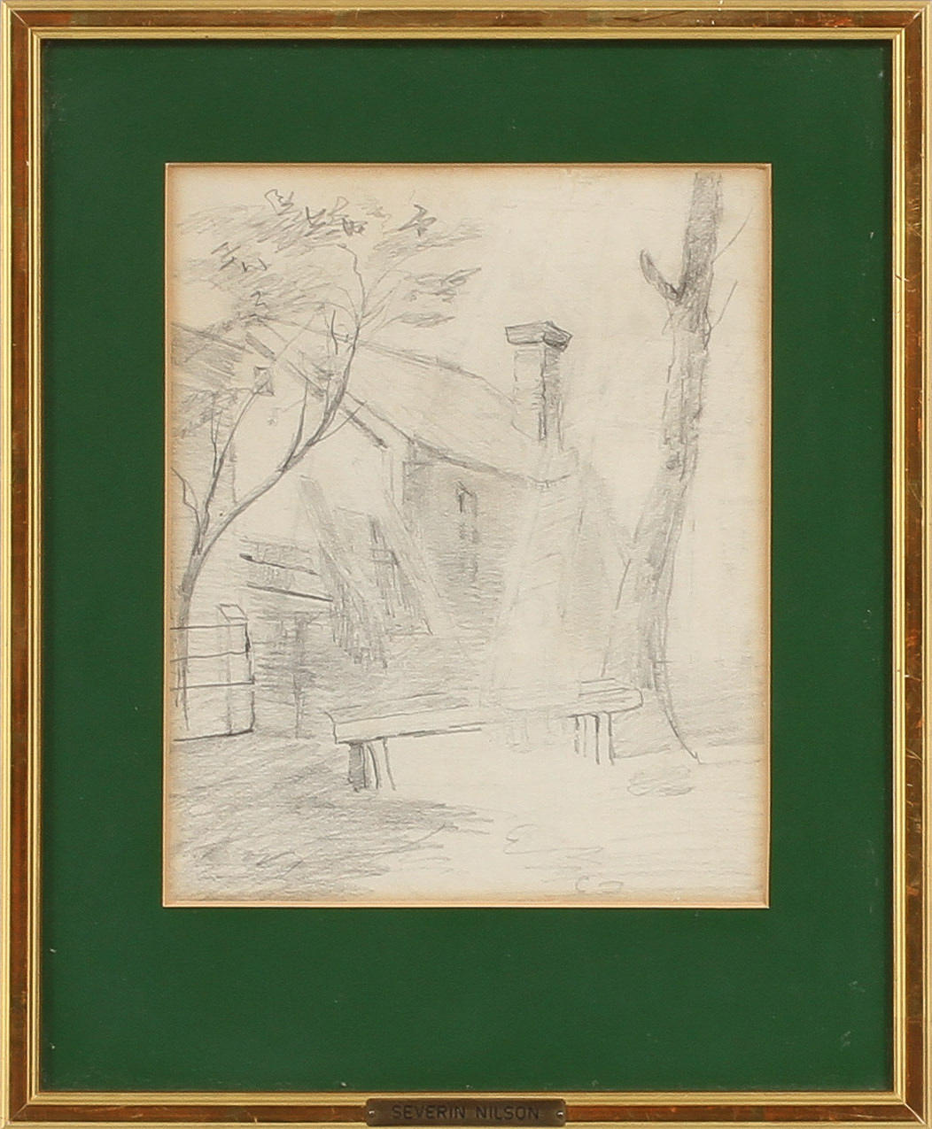 SEVERIN NILSON. Hus samt figur, blyerts.