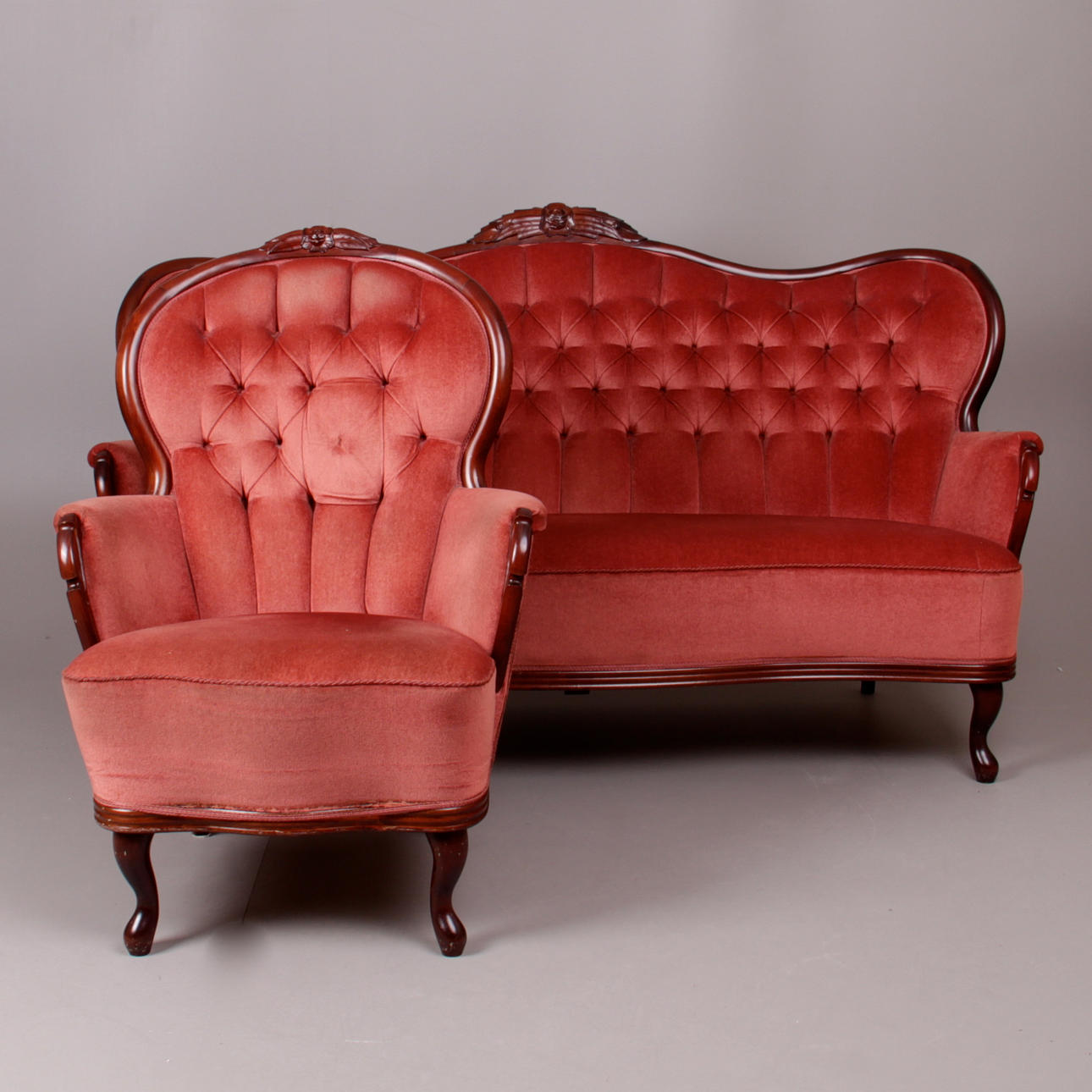 SOFFA, samt fåtölj, rokokostil, 1900-talets mitt.