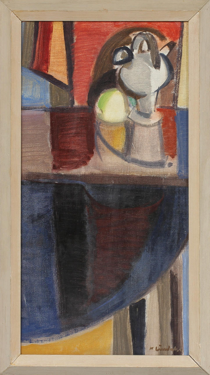 HELGE LINDAHL. "Äpple och vinkanna", olja på duk, signerad.