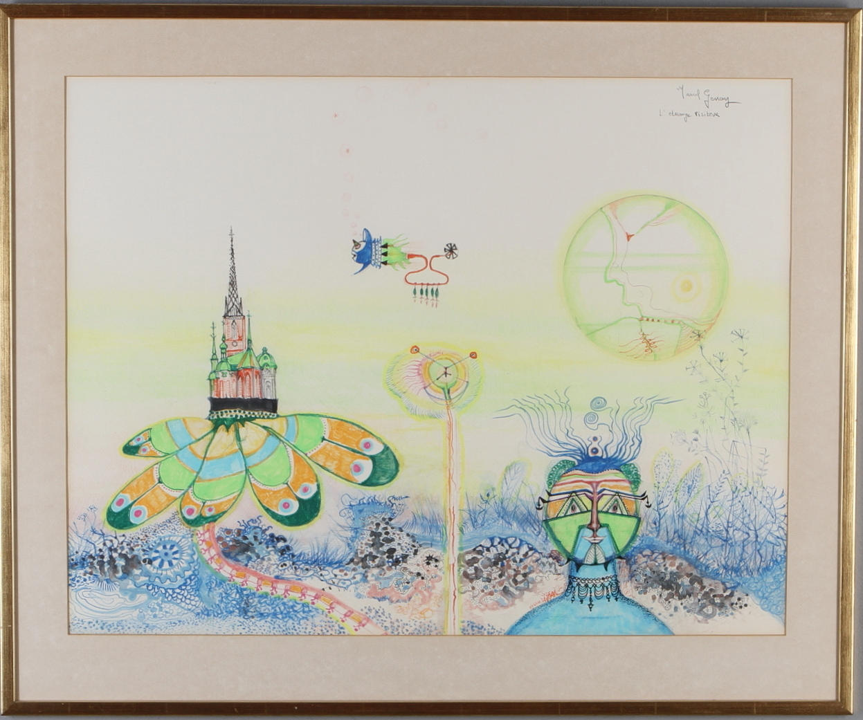 MARCEL GENAY. "L'etrange visiteur"", blandteknik, signerad.