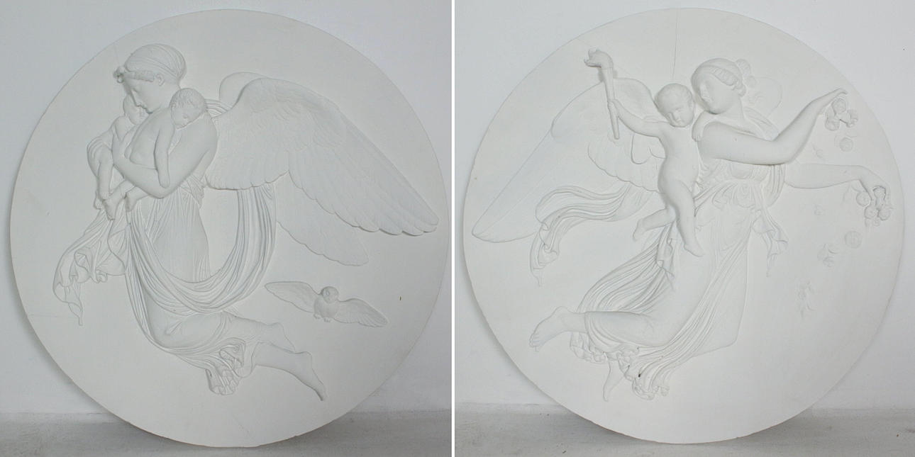 BERTEL THORVALDSEN. Efter. Store vægrelieffer 'Dag' og 'Nat', gips.