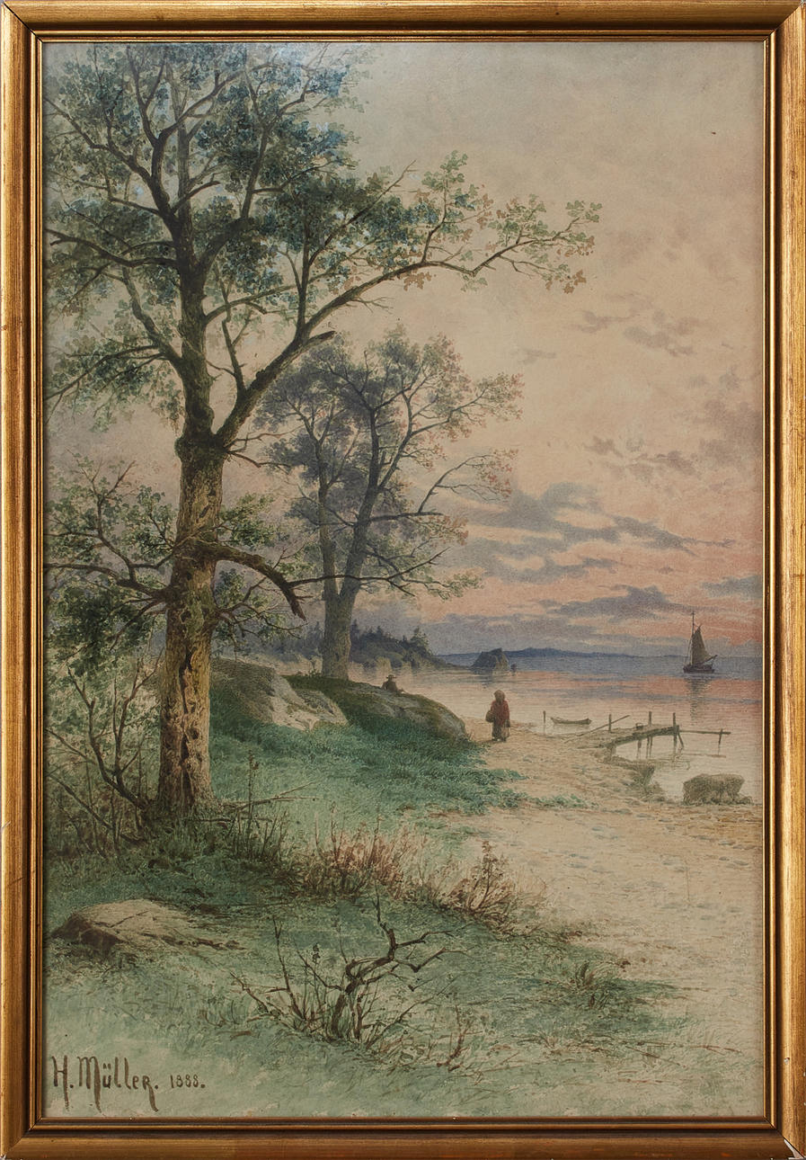 HERMAN MÜLLER (1840-1919), Figures at the edge of the beach, signed and dated H. Müller watercolour, 55x37 cm.