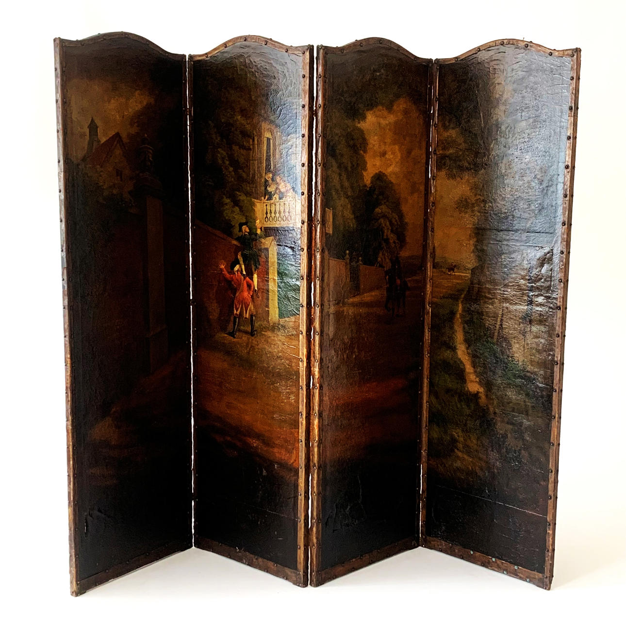 19. ÅRHUNDREDE MALERET LÆDER 4-PANEL SKÆRM.