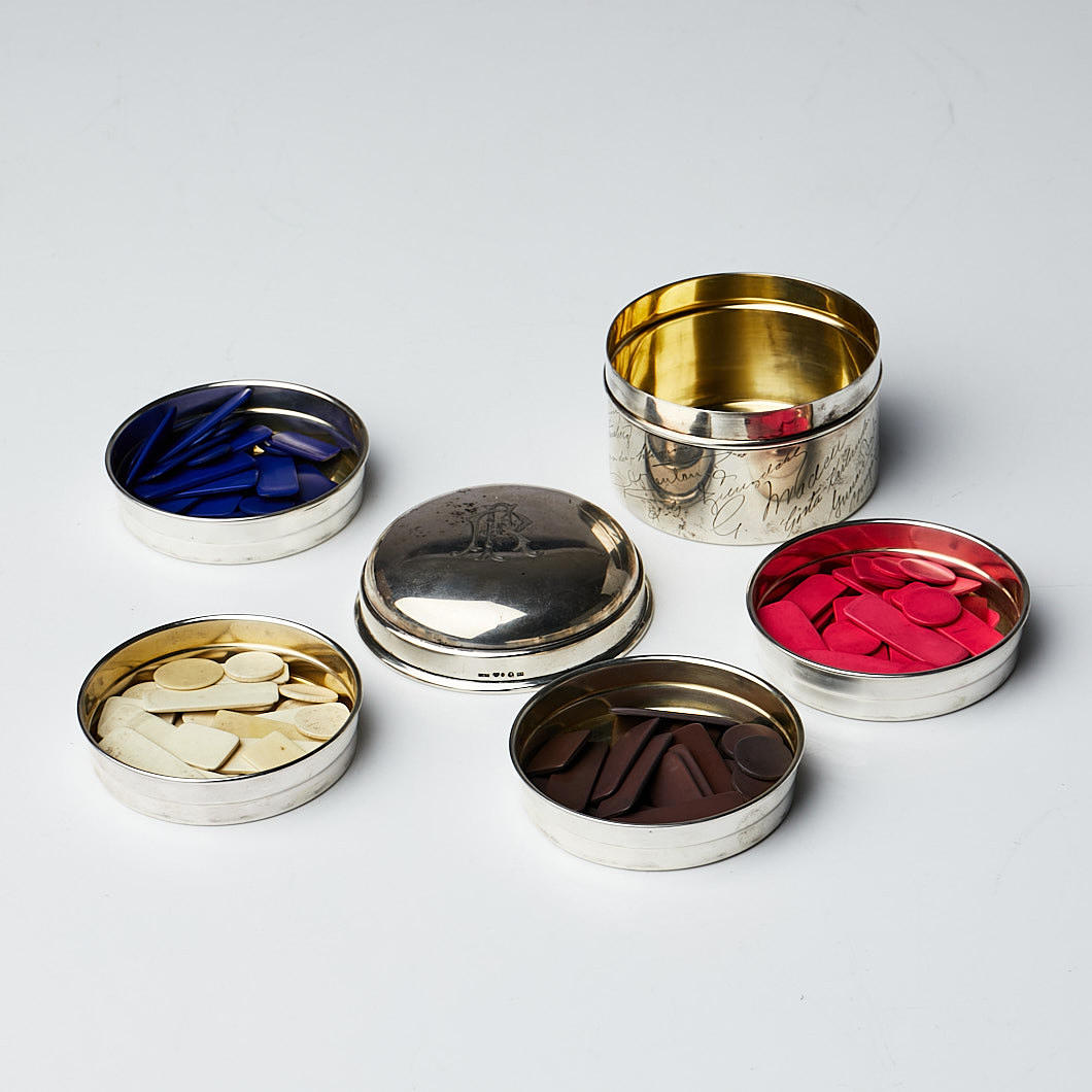 VIRAPULLA / ask med spelmarker, silver, CG Hallberg, 1934.