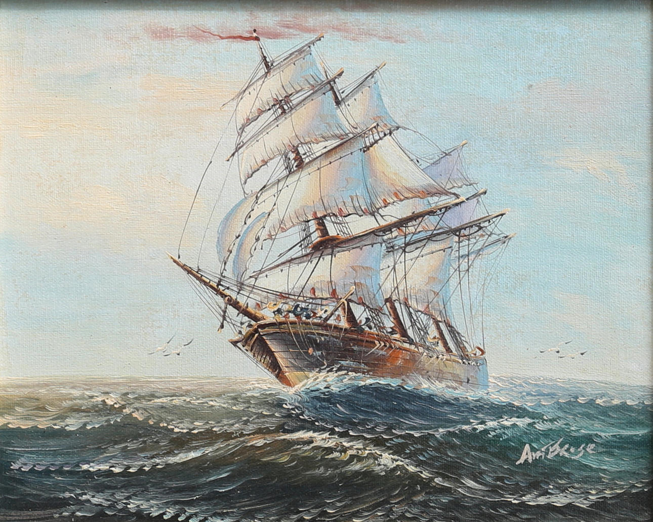 JOHN AMBROSE. Sailing ship. Oil on canvas, signed.