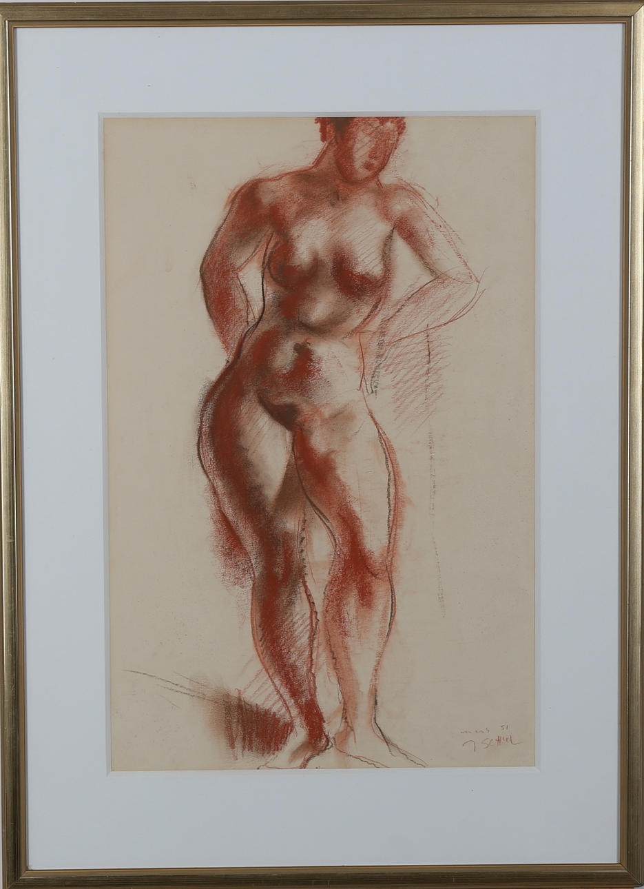 JULES SCHYL. Nakenmodell. Rödkrita. Signerad J Schyl och daterad -51.