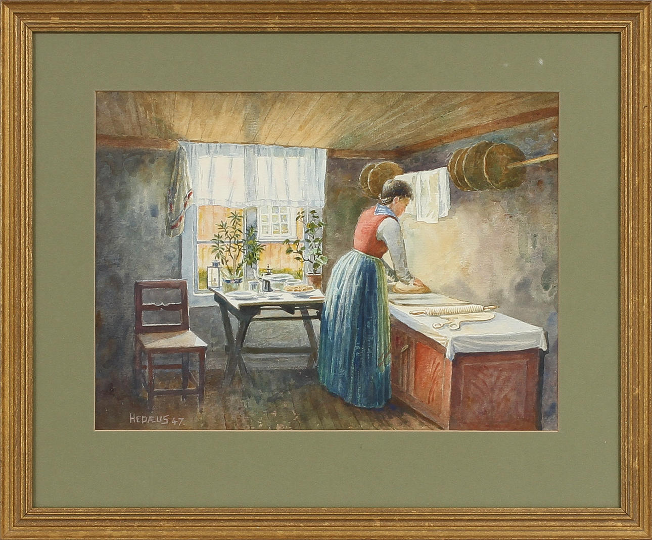 JOHN HEDAEUS. Interiör med bakande kvinna, akvarell, signerad 47.
