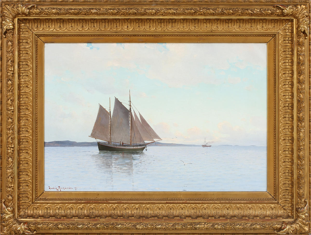 LUDVIG RICHARDE. Kustbild med fartyg, olja på duk, signerad 91.