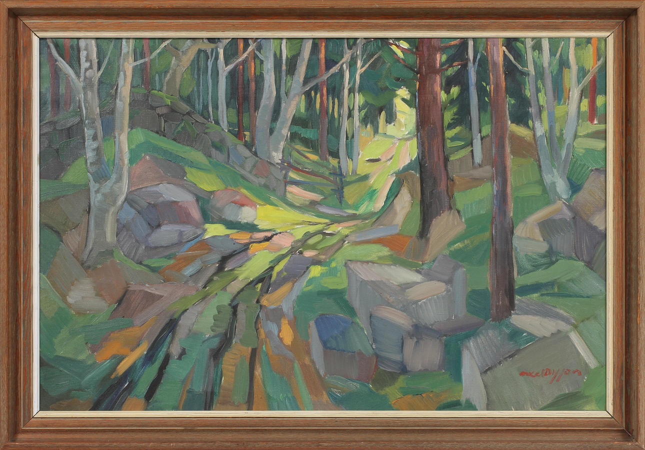 AXEL OLSSON. "Vägen från stenbrottet", olja på duk, signerad.