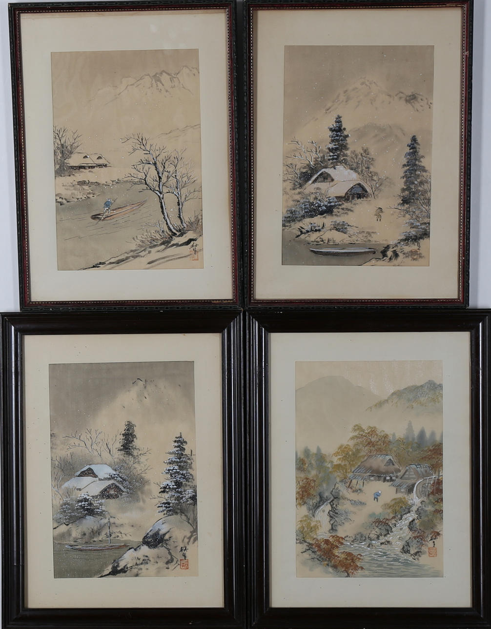 PARTI TAVLOR. 4 st. Akvarell på textil. Kina. 1900-talet.