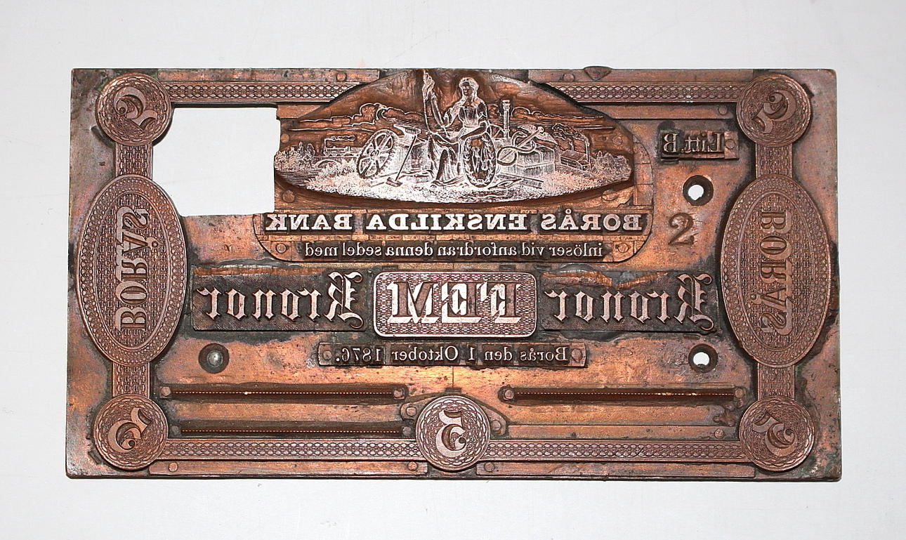 TRYCKPLÅTAR, koppar och plåt, Borås sparbank, 5-kr sedel, daterad 1876.