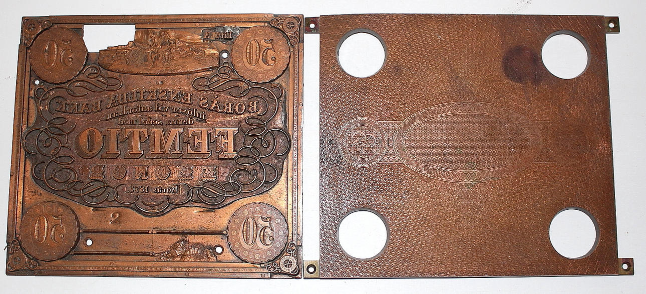 TRYCKPLÅTAR, koppar och plåt, Borås sparbank, 50-kr sedel, daterad 1876.
