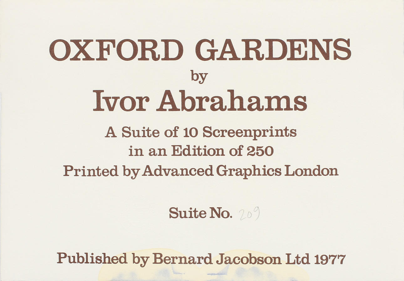 IVOR ABRAHAMS. "Oxford gardens" Mapp med 10 färgserigrafier, numrerad 209/250, 1977.