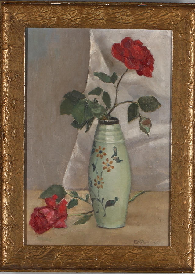 OIDENTIFIERAD KONSTNÄR. Stilleben med rosor, olja på duk, signerad Bülow -26.