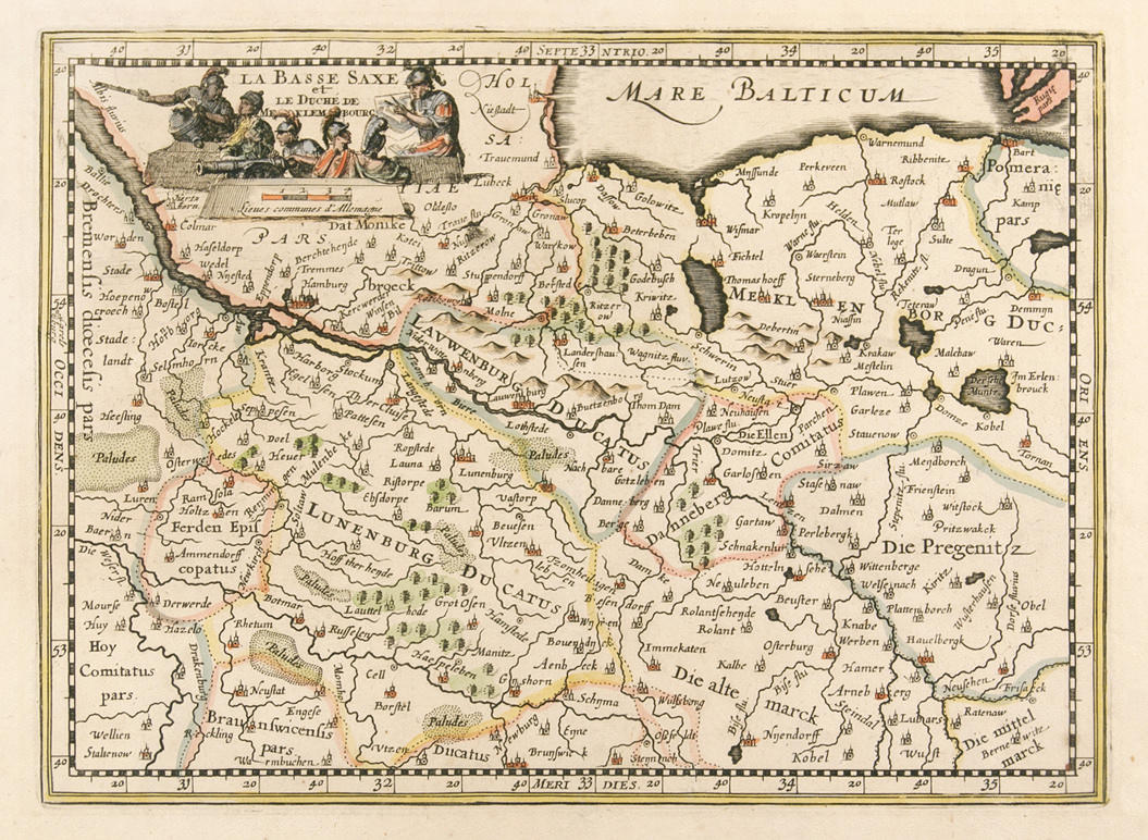 JOHANN LAUREMBERG. GRAVYRER, två koppar, Rostock 1590-1658 Soroe) - ”Meklenburg Ducatus” - 36,5 x 47 cm.