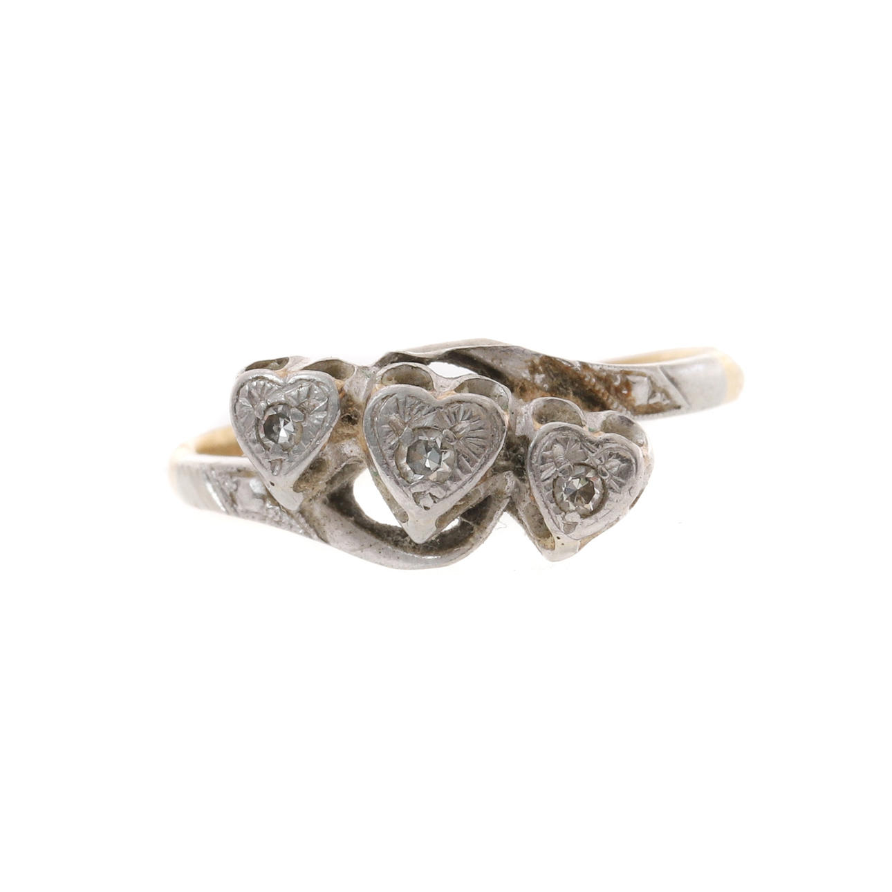 AN 18CT GOLD & PLATINUM RING. WITH THREE SMALL DIAMONDS.