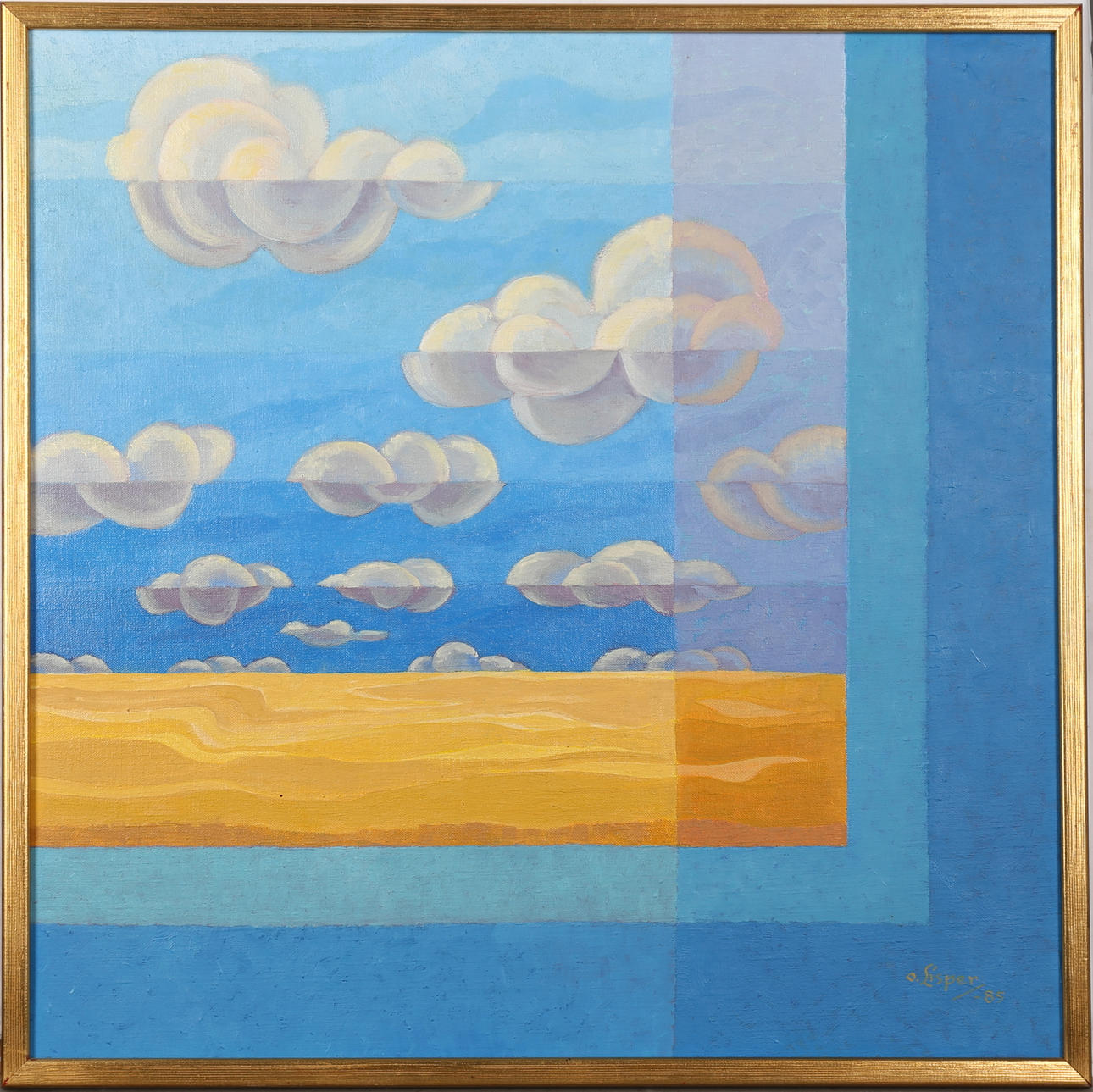 OLLE LISPER. "Skördeutsikt med himlingar". Olja på duk, signerad och daterad -85.