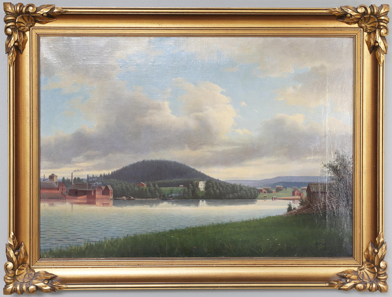 TORE BILLING. Olja på duk, Byn vid sjön, signerad, 1800-tal.