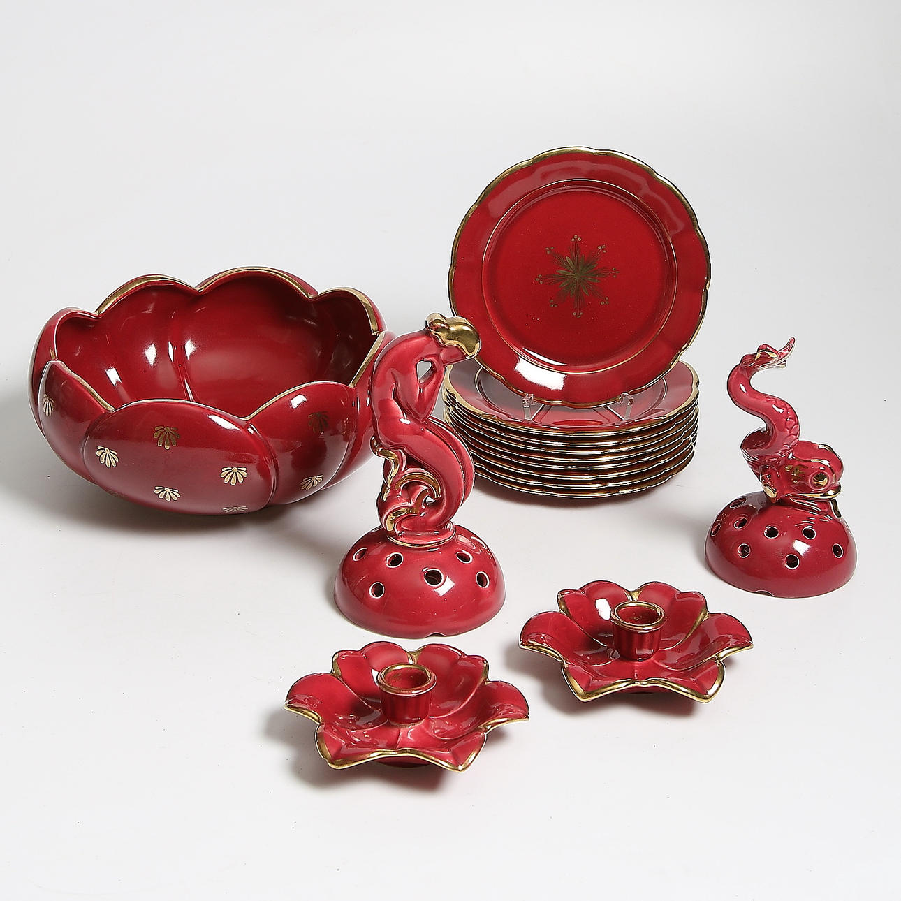 SERVISDELAR, 14 delar, "Röd rubin", Art Deco, Arthur Percy, Gefle.