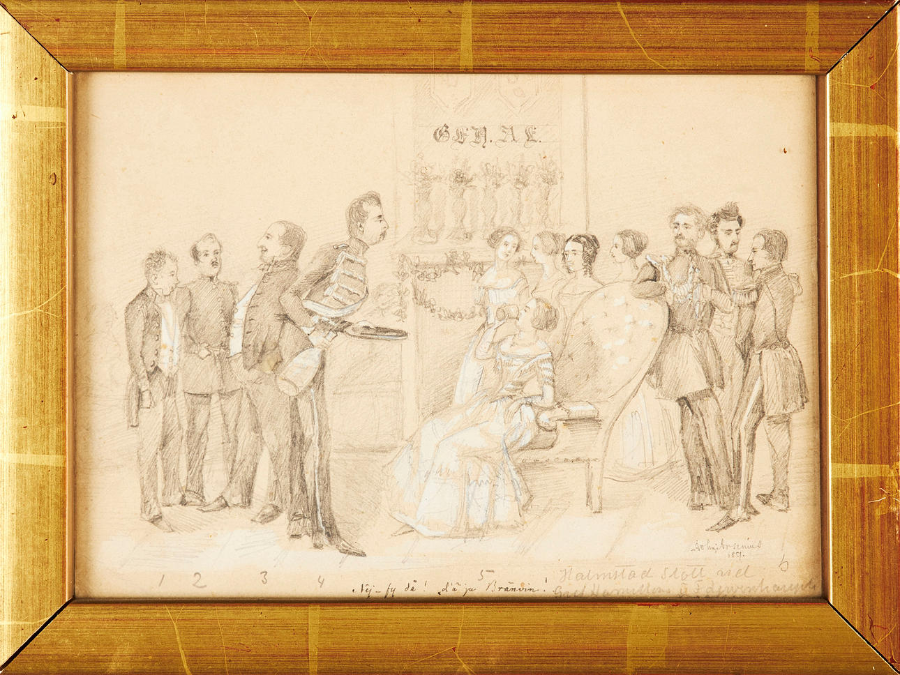 ATTRIBUTED TO JOHN ARSENIUS. Drawing, representative court, signed and dated 1857.