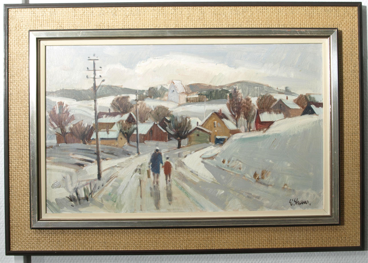 ESKIL SKANS. Olja på pannå, Vinterpromenad, signerad E Skans.