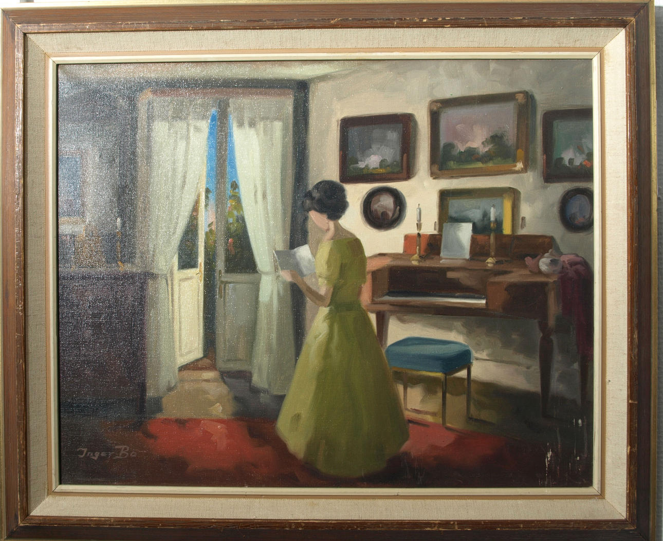 INGER BO. Olja på duk, Interiör, signerad .