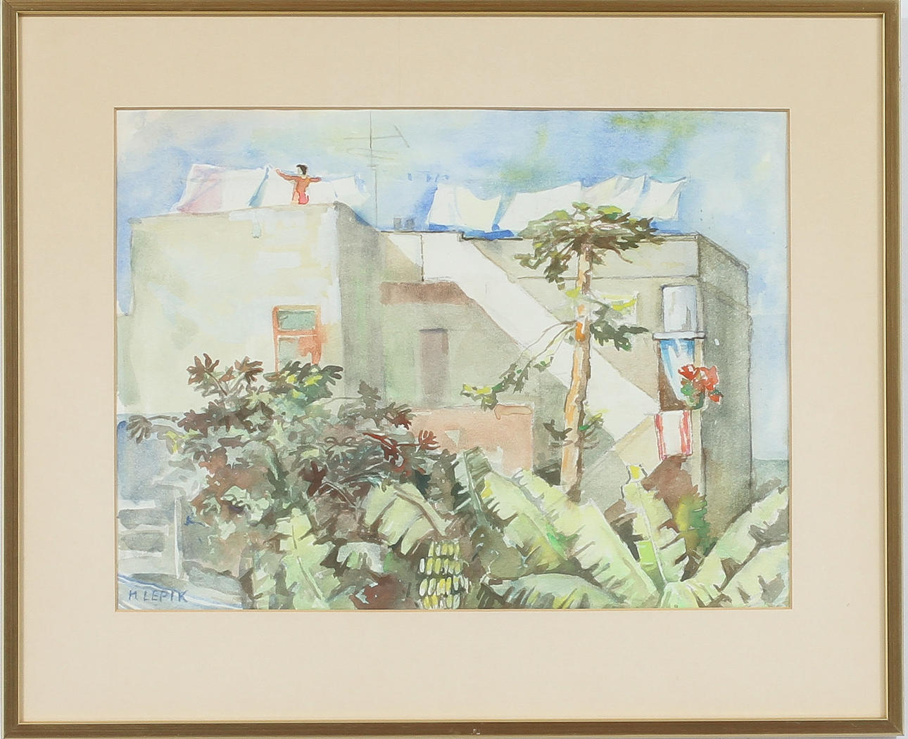 HUGO LEPIK. Husvy, akvarell, signerad.